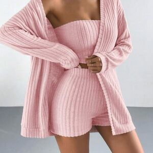 Ribbed Pink 3-Piece Lounge Set — Strapless Bandeau, Shorts & Cardigan